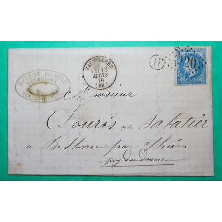 N°29 GC 4120 VAUVILLERS HAUTE SAONE BOITE RURALE H SELLES POUR THIERS PUY DE DOME 1870 LETTRE COVER FRANCE
