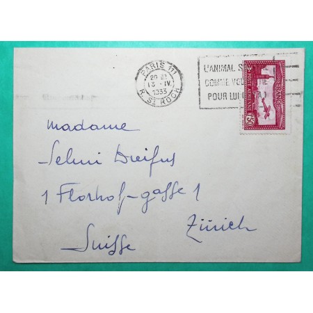 N°5 PA POSTE AERIENNE 1F50 CARMIN LETTRE PARIS POUR ZURICH SUISSE 1933