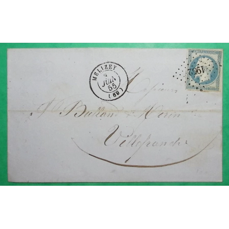 N°14 BLEU LAITEUX PC 1952 MELIZEY MELISEY HAUTE SAONE POUR VILLEFRANCHE SUR SAONE RHONE 1855 LETTRE COVER FRANCE