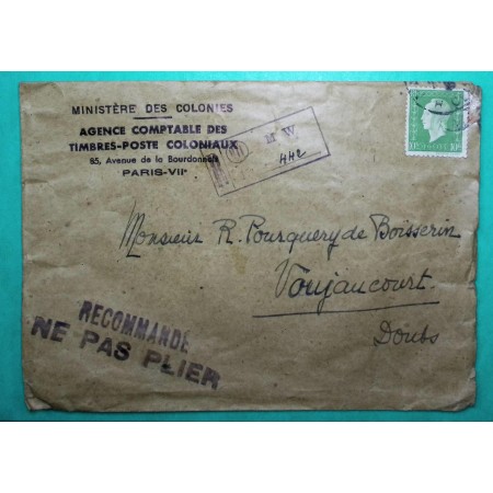N°698 10F MARIANNE DULAC SEUL SUR LETTRE RECOMMANDE PROVISOIRE AGENCE TIMBRES COLONIAUX 1946