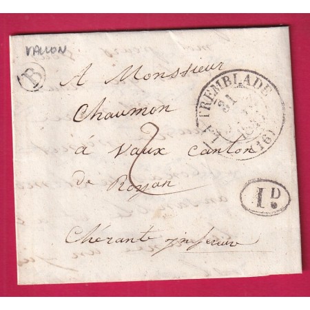 CAD TYPE 13 LA TREMBLADE CHARENTE INFERIEURE 1841 BOITE RURALE B VALLON POUR ROYAN DECIME RURAL