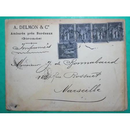 N°83 x5 SAGE BEL AFFRANCHISSEMENT TARIF 5C IMPRIME DEPART AMBARES GIRONDE POUR MARSEILLE 1891 LETTRE COVER FRANCE