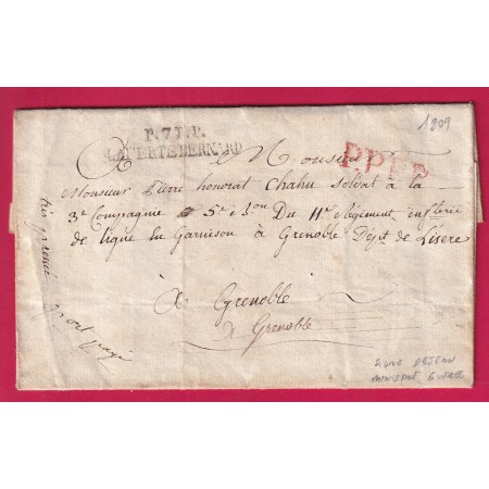 LETTRE AUTOGRAPHE SIGNE DEJEAN MINISTRE DE LA GUERRE DEPART P71P LA FERTE BERNARD SARTHE 1809 POUR GRENOBLE ISERE