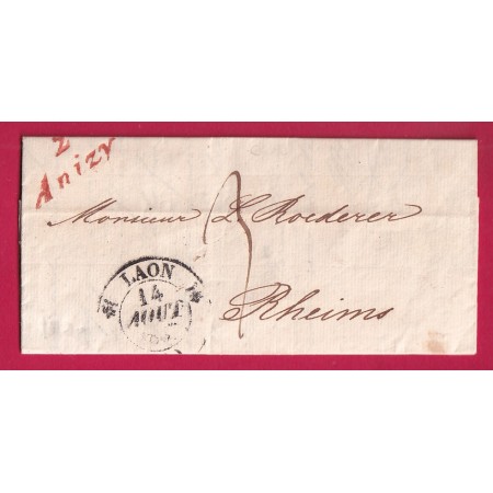CURSIVE 2 ANIZY AISNE EN ROUGE CAD TYPE 12 LAON POUR REIMS MARNE 1837 INDICE 10