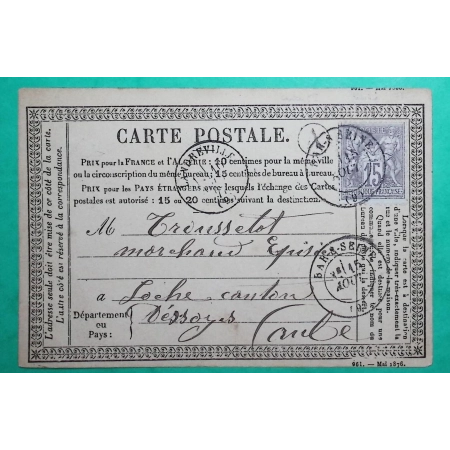 N°66 SAGE 15C TYPE I CARTE PRECURSEUR BAR SUR SEINE AUBE BOITE RURALE A MERREY SUR ARCE 1877 LETTRE COVER FRANCE