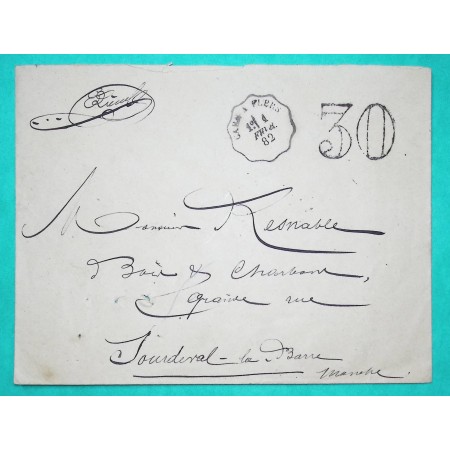 CONVOYEUR LIGNE CAEN A FLERS LETTRE TAXE 30 1882 POUR SOURDEVAL LA BARRE MANCHE