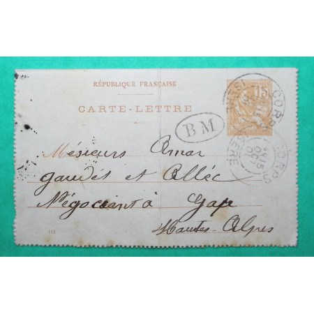ENTIER 15C MOUCHON CARTE LETTRE LA MURE ISERE BM BOITE MOBILE CORPS POUR GAP HAUTES ALPES 1901
