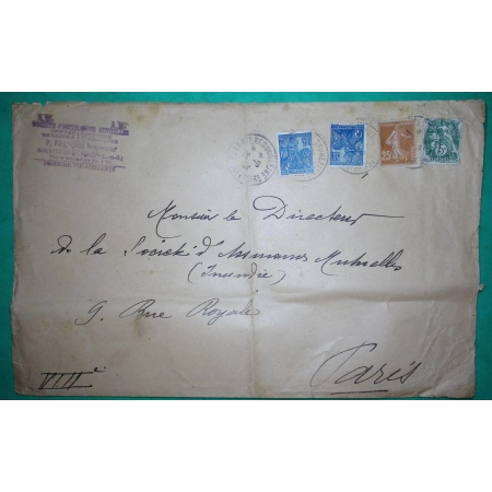 N°111 + 235 + 257 x2 MIXTE BLANC SEMEUSE JEANNE D'ARC BEL AFFRANCHISSEMENT BONNIERES SEINE ET OISE POUR PARIS 1929