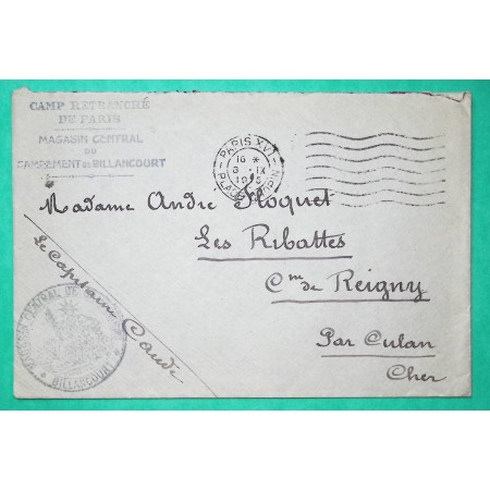FRANCHISE MILITAIRE FM MAGASIN CENTRAL DU CAMPEMENT BILLANCOURT CAMP RETRANCHE DE PARIS 1915 WW1