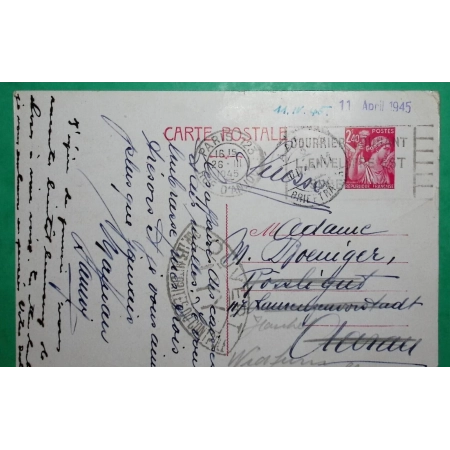ENTIER IRIS 2F40 PARIS POUR L'ETRANGER AARAU SUISSE CENSURE LYY 11 AVRIL 1945 WW2 LETTRE COVER FRANCE