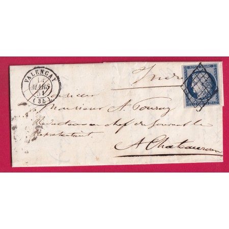 N°4 BLEU FONCE GRILLE VALENCAY INDRE 14 MARS 1851 POUR CHATEAUROUX