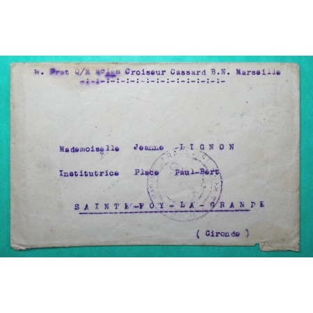 FRANCHISE MILITAIRE FM CROISEUR CASSARD POSTE NAVALE MARSEILLE BOUCHES DU RHONE DEPART PORT SAÏD 1919 WW1