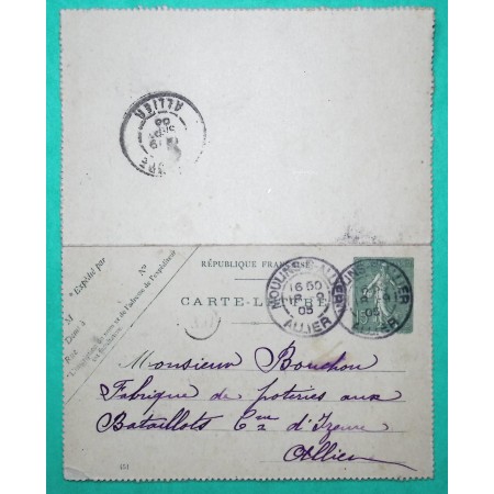 ENTIER SEMEUSE 15C LIGNEE CARTE LETTRE MOULINS ALLIER OR ORIGINE RURALE CHATEAU DE THOURY ST POURCAIN 1905