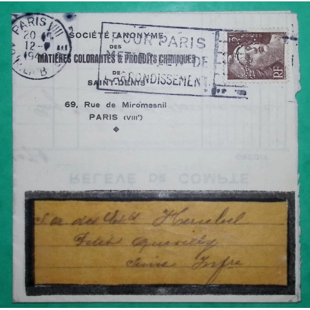N°715 MARIANNE DE GANDON PERFORE MC MATIERES COLORANTES ET PRODUITS CHIMIQUES PARIS 1946 LETTRE COVER FRANCE