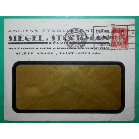 N°283 PAIX PERFORE ESS ETABLISSEMENTS SIEGEL STOCKMAN PARIS 1933 LETTRE COVER FRANCE