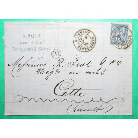 N°78 SAGE CAD TYPE 18 RONCHAMP HAUTE SAONE OR ORIGINE RURALE CLAIREGOUTTE POUR CETTE HERAULT 1878