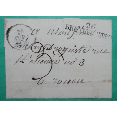MARQUE 26 BRETEUIL (EURE) POUR ROUEN SEINE INFERIEURE 43x10 1830 LETTRE COVER FRANCE