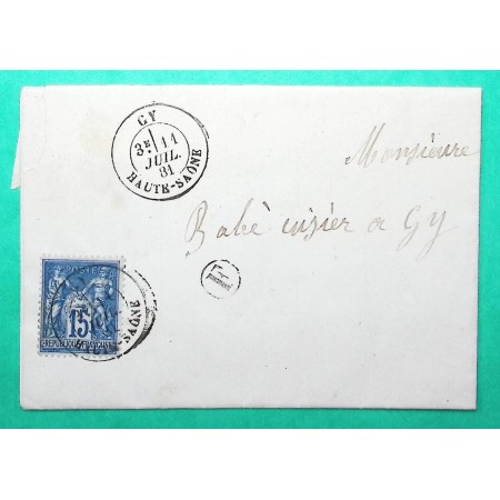 N°90 SAGE CAD TYPE 18 GY HAUTE SAONE BOITE RURALE F VELLOREILLE LES CHOYE CORRESPONDANCE LOCALE 1881