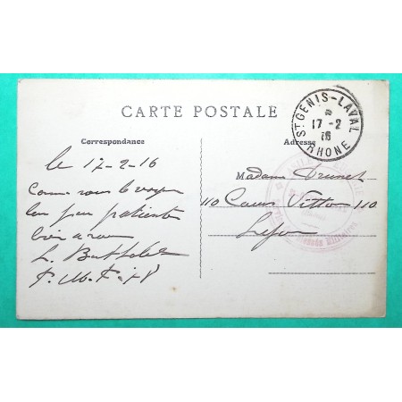 FRANCHISE MILITAIRE FM ASILE STE EUGENIE SERVICE DES BLESSES MILITAIRES ST GENIS LAVAL RHONE CARTE POSTALE 1916 WW1