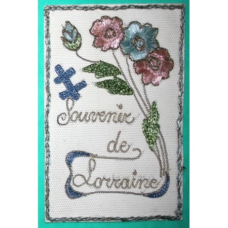 FRANCHISE MILITAIRE FM BELLE CARTE POSTALE BRODEE BRODERIES SOUVENIR DE LORRAINE 1918 WW1