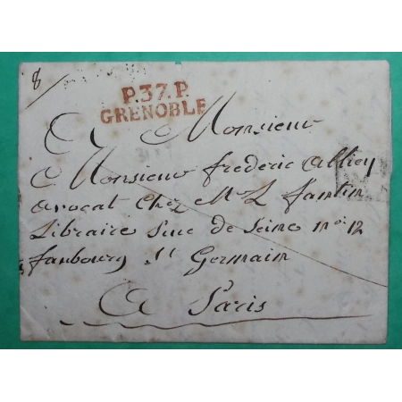 MARQUE P37P GRENOBLE ISERE ROUGE PORT PAYE POUR PARIS 31x9 1822 LETTRE COVER FRANCE