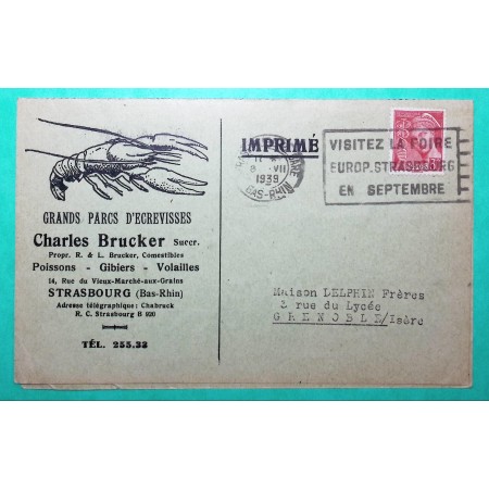 N°412 MERCURE CARTE POSTALE PUBLICITAIRE ILLUSTREE ECREVISSES BRUCKER GIBIERS VOLAILLES POISSONS STRESBOURG BAS RHIN 1939