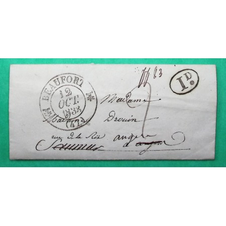 CAD TYPE 12 BEAUFORT EN VALLEE MAINE ET LOIRE DECIME RURAL BRION POUR ANGERS 1833