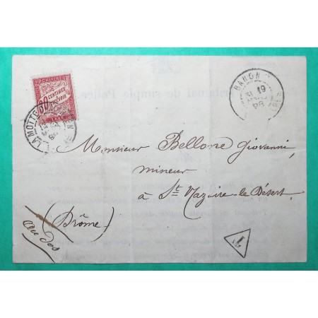 30C TAXE DUVAL ROUGE SEUL LETTRE BANON BASSES ALPES POUR ST NAZAIRE LE DESERT DROME ETIQUETTE PARTI SANS LAISSER ADRESSE 1898