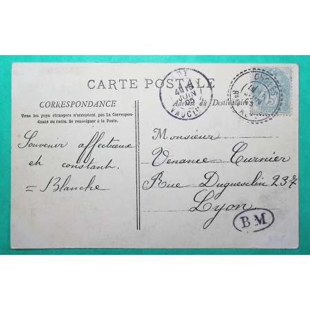 N°111 BLANC CAD FB84 ONGLES BASSES ALPES BM BOITE MOBILE CARTE POSTALE POUR LYON 1905