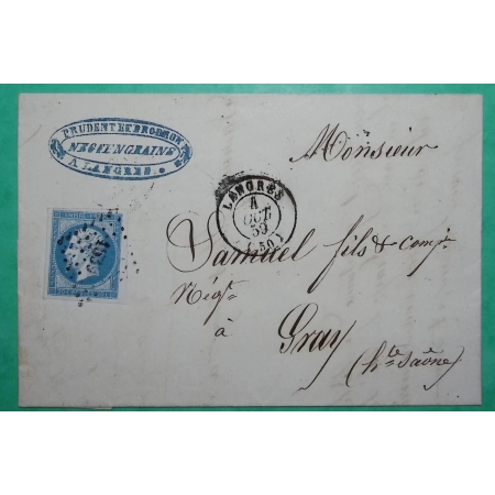 N°14 TTB BELLES MARGES BDF PC 1639 LANGRES HAUTE MARNE POUR GRAY HAUTE SAONE 1859 LETTRE COVER FRANCE