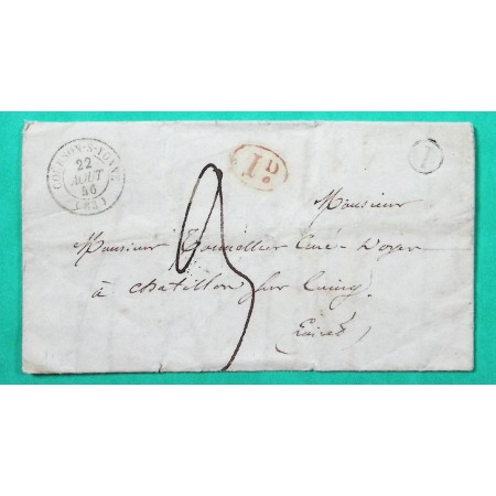 CAD TYPE 15 COURSON SUR YONNE DECIME + BOITE RURALE I TAINGY POUR CHATILLON SUR LOING LOIRET 1846