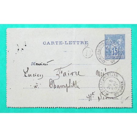 ENTIER SAGE 15C CARTE LETTRE CAD TYPE 18 COMBEAUFONTAINE HAUTE SAONE BOITE RURALE D CONFRACOURT POUR CHAMPLITTE 1890