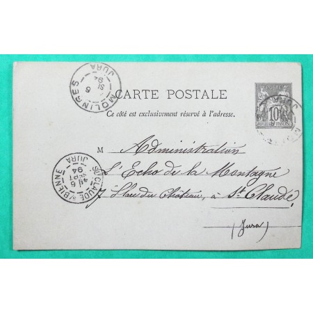 ENTIER SAGE 10C CARTE POSTALE CAD TYPE A MOLINGES JURA POUR ST CLAUDE 1894