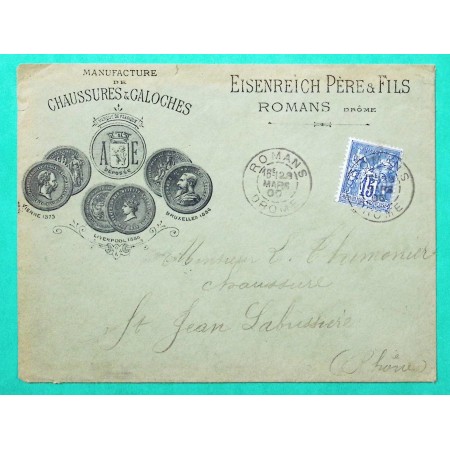 N°90 SAGE ENVELOPPE PUB MANUFACTURE CHAUSSURES GALOCHES ROMANS DROME POUR ST JEAN LA BUSSIERE RHONE 1900