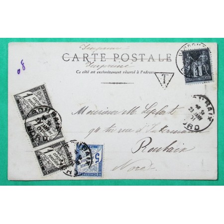 N°83 SAGE  + TAXE DUVAL 8C CARTE POSTALE VENDOME LOIR ET CHER POUR ROUBAIX NORD 1901