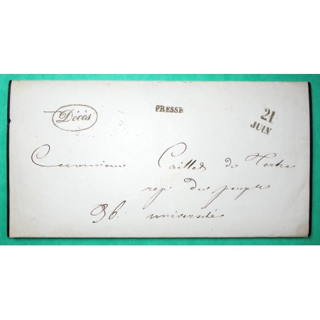 AVIS DE DECES POSTE PRIVEE BONNARD CAMPMAS & CIE PARIS GRIFFE PRESSE 21 JUIN 1849