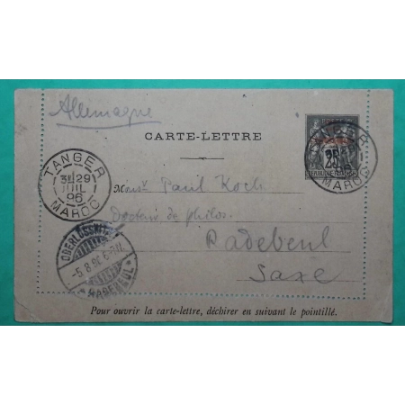 ENTIER SAGE 25C CARTE LETTRE CAD TYPE A TANGER MAROC POUR RADEBEUL ALLEMAGNE DEUTSCHLAND 1896 COVER FRANCE