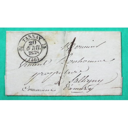CAD TYPE 12 TANNAY NIEVRE CORRESPONDANCE LOCALE TAXE 1 POUR SALIGNY 1838