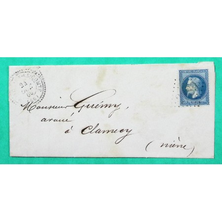 N°29 GC 2389 CAD TYPE 22 MONCEAUX LE COMTE NIEVRE POUR CLAMECY NIEVRE 1869