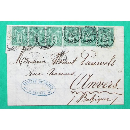 N°75 BANDE DE 6 SAGE LETTRE MARSEILLE POUR ANVERS BELGIQUE TARIF 30C 1878