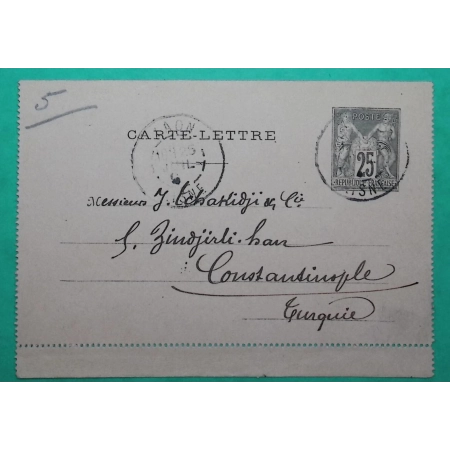 ENTIER SAGE 25C CARTE LETTRE DEPART LAON AISNE POUR CONSTANTINOPLE TURQUIE TURKEY 1898 COVER FRANCE