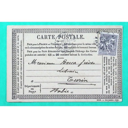 N°77 SAGE CARTE PRECURSEUR PARIS POUR TURIN ITALIE 1877