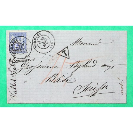 N°78 SAGE CAD TYPE 17 DORMANS MARNE TPOUR BALE SUISSE TAXE 25 MANUSCRITE 1877