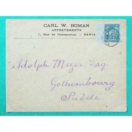 N°75 SAGE LETTRE TARIF IMPRIME PARIS POUR GOTEBORG SUEDE 1887