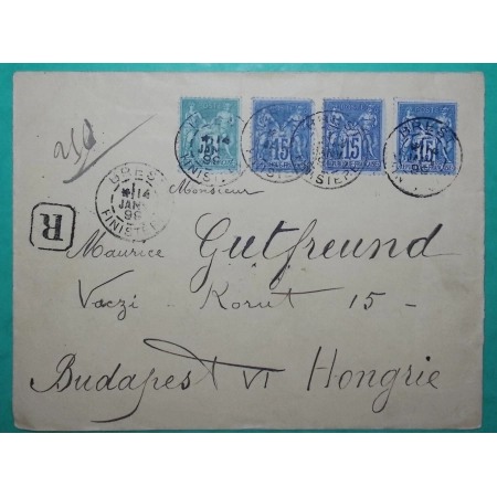 N°75 + 90 x3 SAGE RECOMMANDE BREST FINISTERE POUR BUDAPEST HONGRIE HUNGARY 1899 LETTRE COVER FRANCE