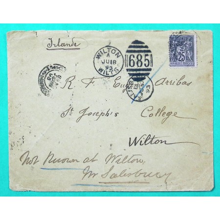 N°97 SAGE LETTRE BORDEAUX GIRONDE POUR WILTON IRLANDE GRIFFE INCONNU NOT KNOWN 1893