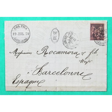 N°91 SAGE LETTRE CASTELJALOUX LOT ET GARONNE BM BOITE MOBILE POUR BARCELONE ESPAGNE 1879