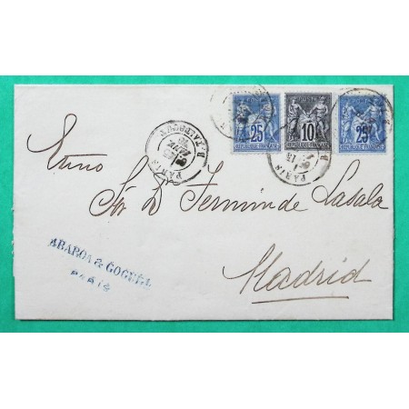 N°78 x2 + 89 SAGE LETTRE PARIS POUR MADRID ESPAGNE TARIF 60C AVANT UPU 1878