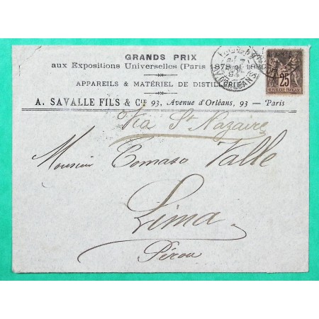 N°97 SAGE LETTRE PARIS POUR LIMA PEROU 1894