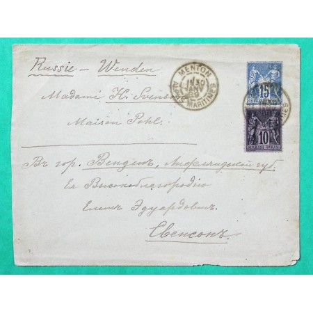 ENTIER SAGE 15C + N°89 LETTRE MENTON ALPES MARITIMES  POUR WENDEN CESIS LETTONIE 1889